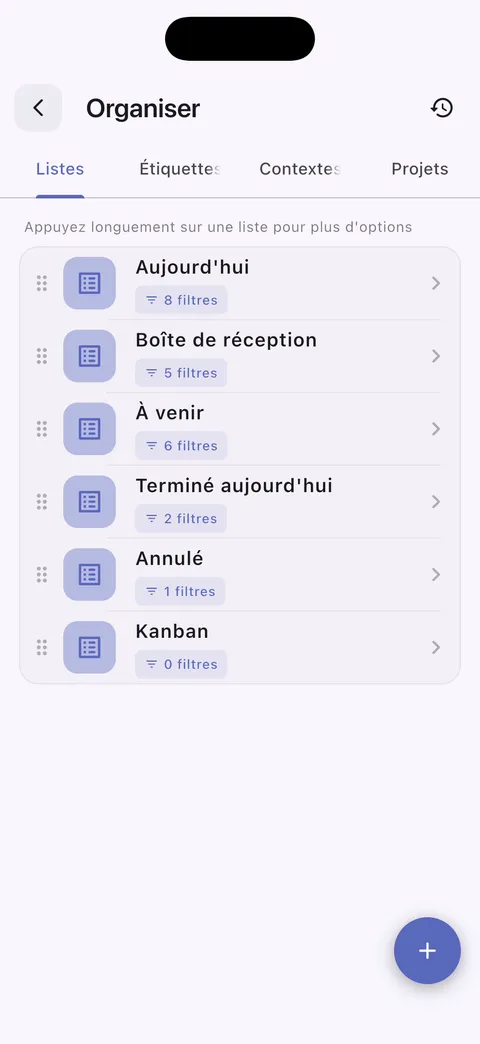 Listes de tâches personnalisées iPhone TaskForge montrant l'organisation personnalisée avec options de filtrage et flux de travail sur mesure pour une productivité améliorée