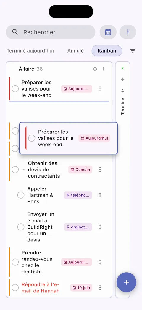 Vue tableau kanban iPhone TaskForge montrant l'organisation visuelle de tâches avec fonctionnalité glisser-déposer et gestion de flux de travail basée sur colonnes