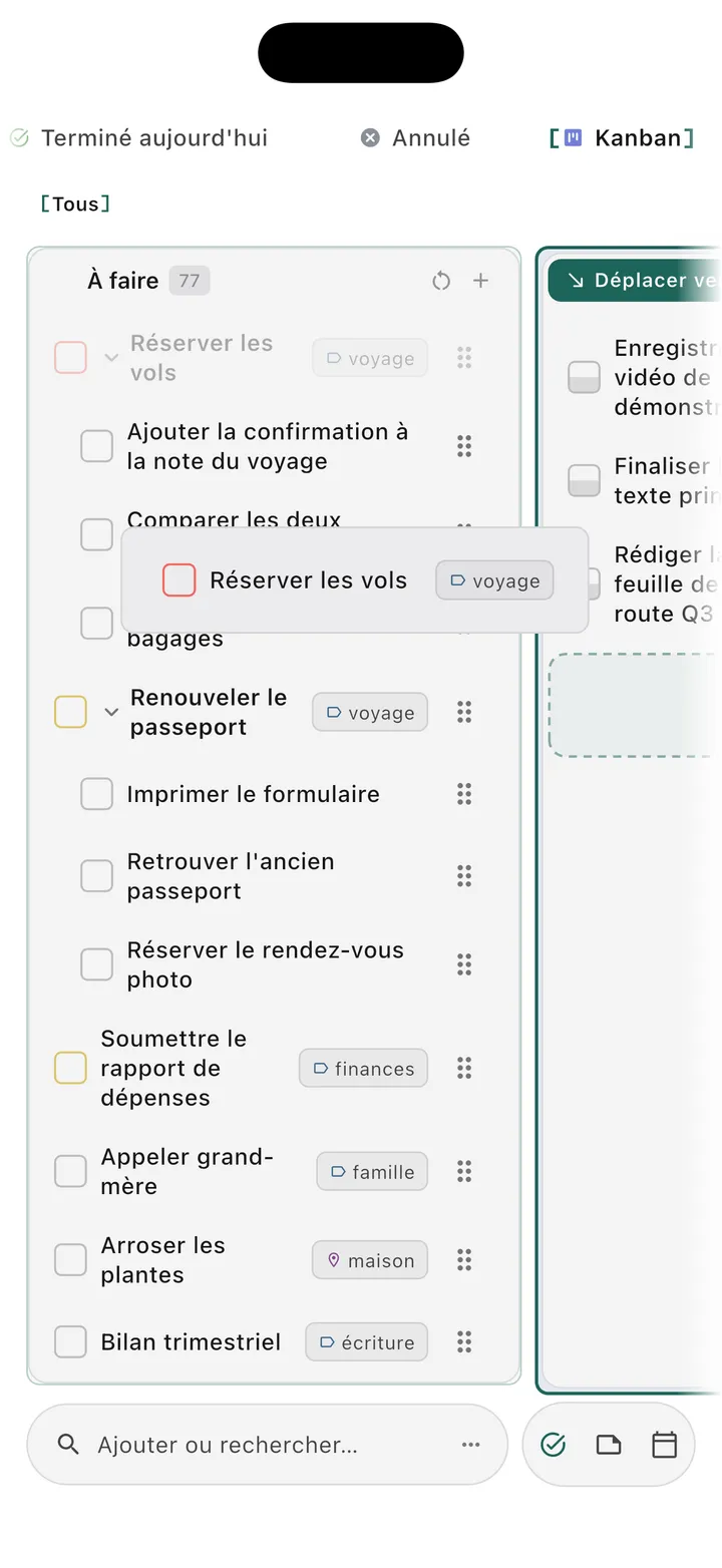 Vue tableau kanban iPhone TaskForge montrant l’organisation visuelle de tâches avec fonctionnalité glisser-déposer et gestion de flux de travail basée sur colonnes