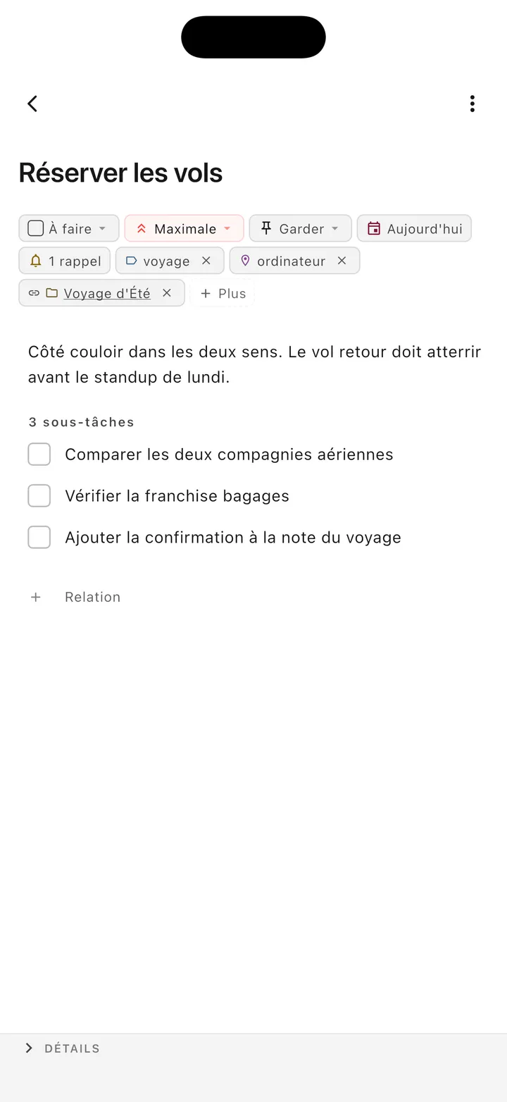Interface de gestion de tâches iPhone TaskForge montrant l’édition avancée de tâches avec prise en charge du Markdown et contrôles natifs iOS