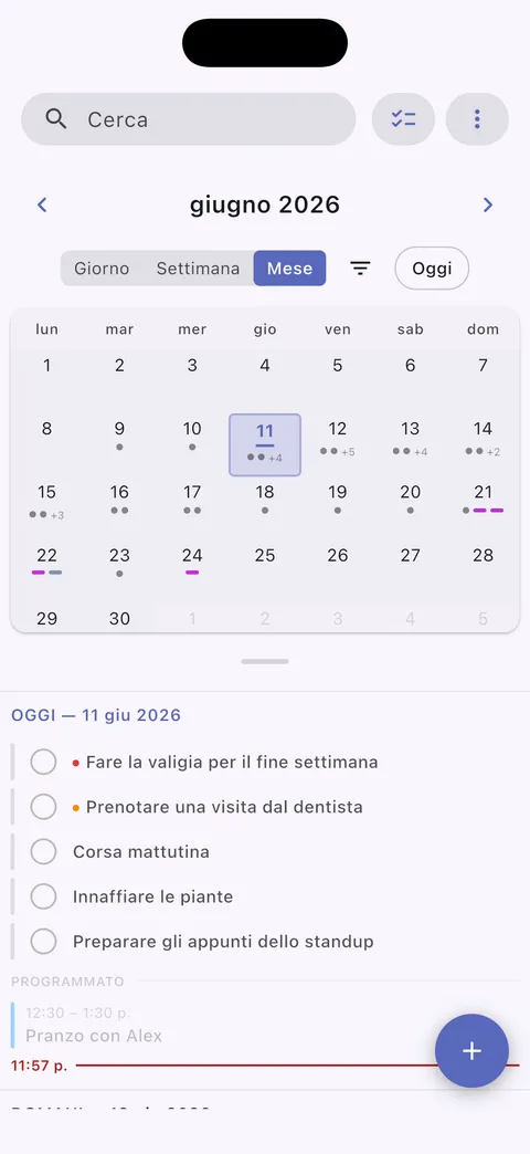 Vista calendario attività Obsidian che mostra attività programmate e scadenze