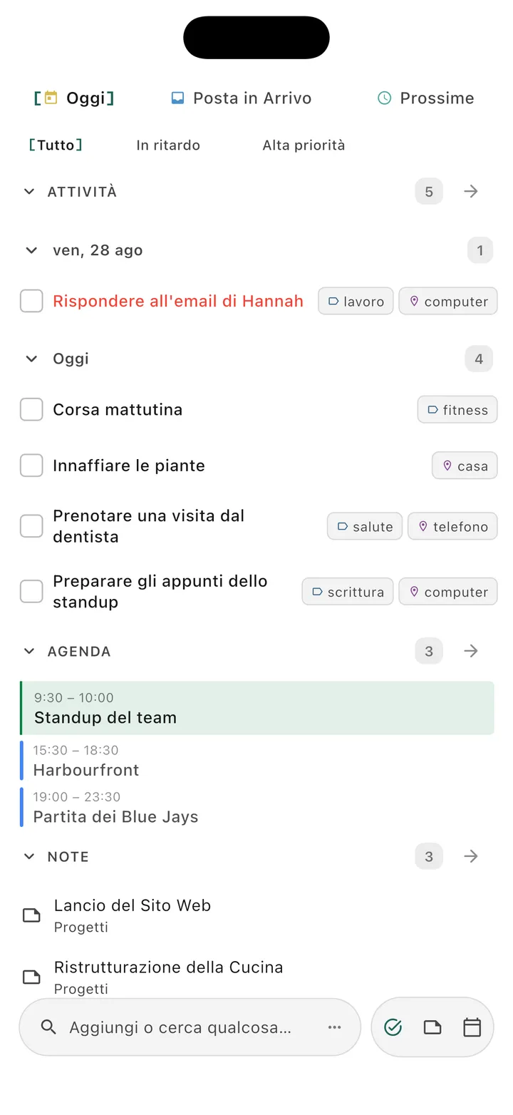 App TaskForge iPhone obsidian task manager interfaccia principale che mostra Spazi mobile con organizzazione GTD, date scadenza, priorità e design iOS nativo per gestione progetti