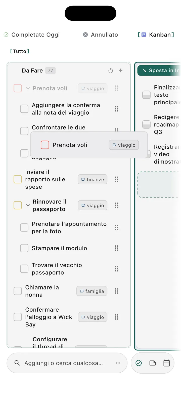 Vista bacheca kanban TaskForge iPhone che mostra organizzazione visiva attività con funzionalità drag-and-drop e gestione flusso di lavoro basata su colonne