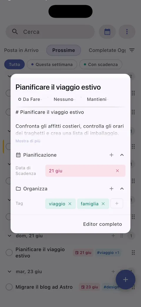 Interfaccia gestione attività Obsidian con supporto markdown e modifica avanzata