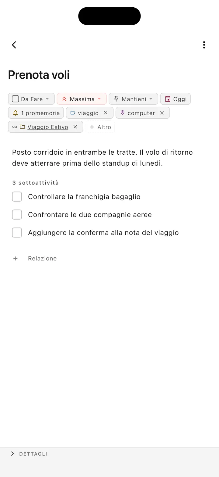 Interfaccia gestione attività TaskForge iPhone che mostra editing attività avanzato con supporto markdown e controlli iOS nativi