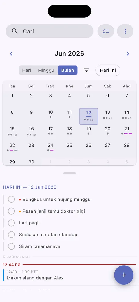 Paparan kalendar TaskForge iPhone menunjukkan penjadualan tugas, pengurusan tarikh akhir, dan integrasi kalendar untuk perancangan komprehensif
