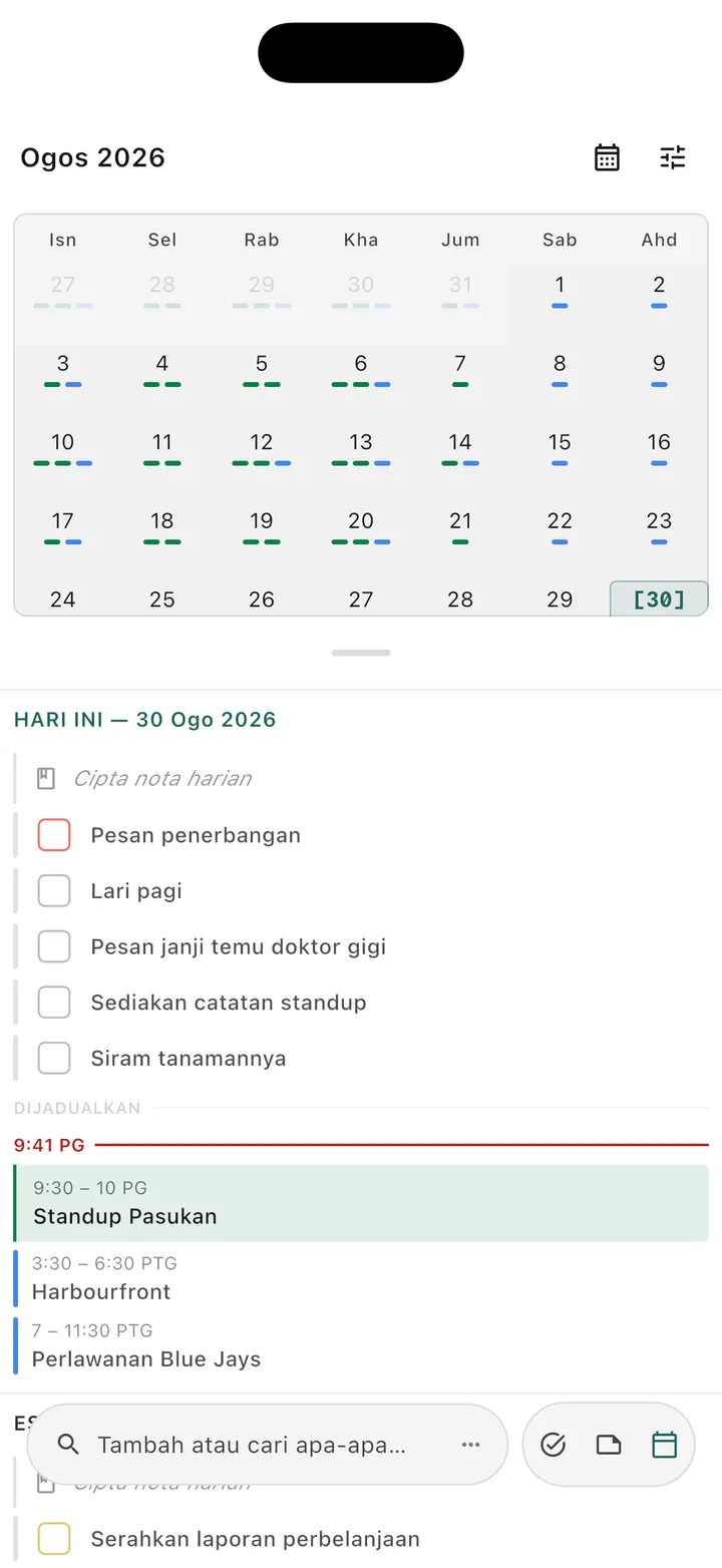 Paparan kalendar tugas Obsidian menunjukkan tugas berjadual dan tarikh tamat