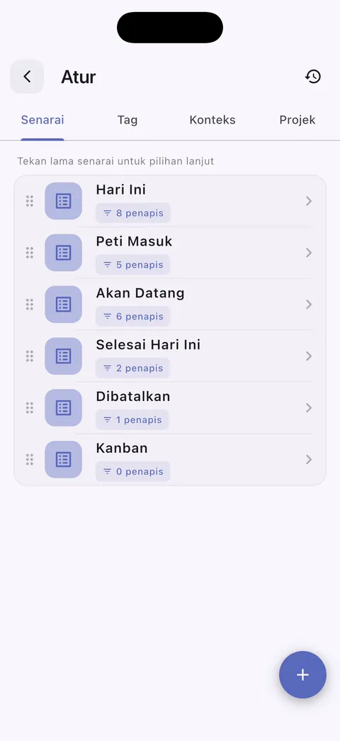 Senarai tugas tersuai TaskForge iPhone menunjukkan organisasi peribadi dengan pilihan penapisan dan aliran kerja disesuaikan untuk produktiviti yang dipertingkat
