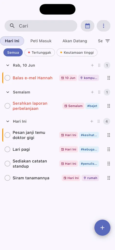 Aplikasi pengurus tugas Obsidian TaskForge iPhone menunjukkan antara muka utama dengan senarai tugas mudah alih dengan organisasi GTD, tarikh akhir, keutamaan, dan reka bentuk iOS asli untuk pengurusan projek