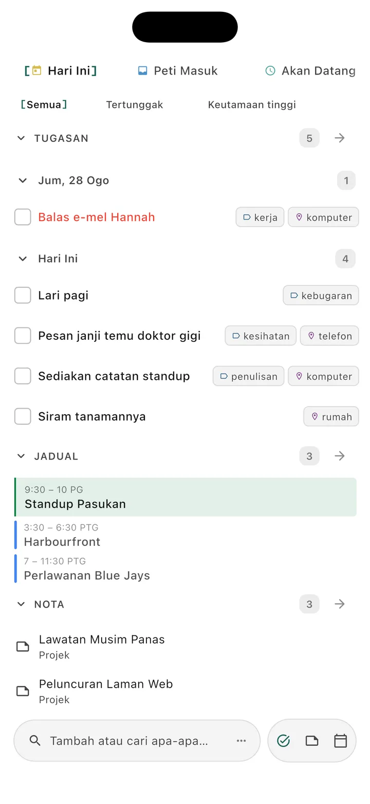 Aplikasi pengurus tugas Obsidian TaskForge iPhone menunjukkan antara muka utama dengan ruang mudah alih dengan organisasi GTD, tarikh akhir, keutamaan, dan reka bentuk iOS asli untuk pengurusan projek