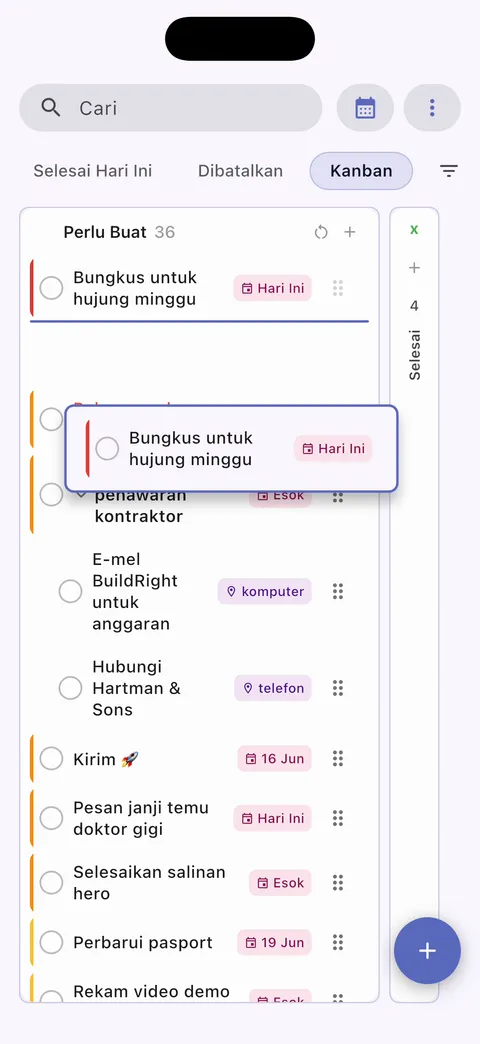 Paparan papan kanban TaskForge iPhone menunjukkan organisasi tugas visual dengan fungsi seret dan lepas dan pengurusan aliran kerja berasaskan lajur
