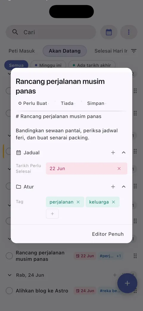 Antara muka pengurusan tugas TaskForge iPhone menunjukkan penyuntingan tugas lanjutan dengan sokongan markdown dan kawalan iOS asli