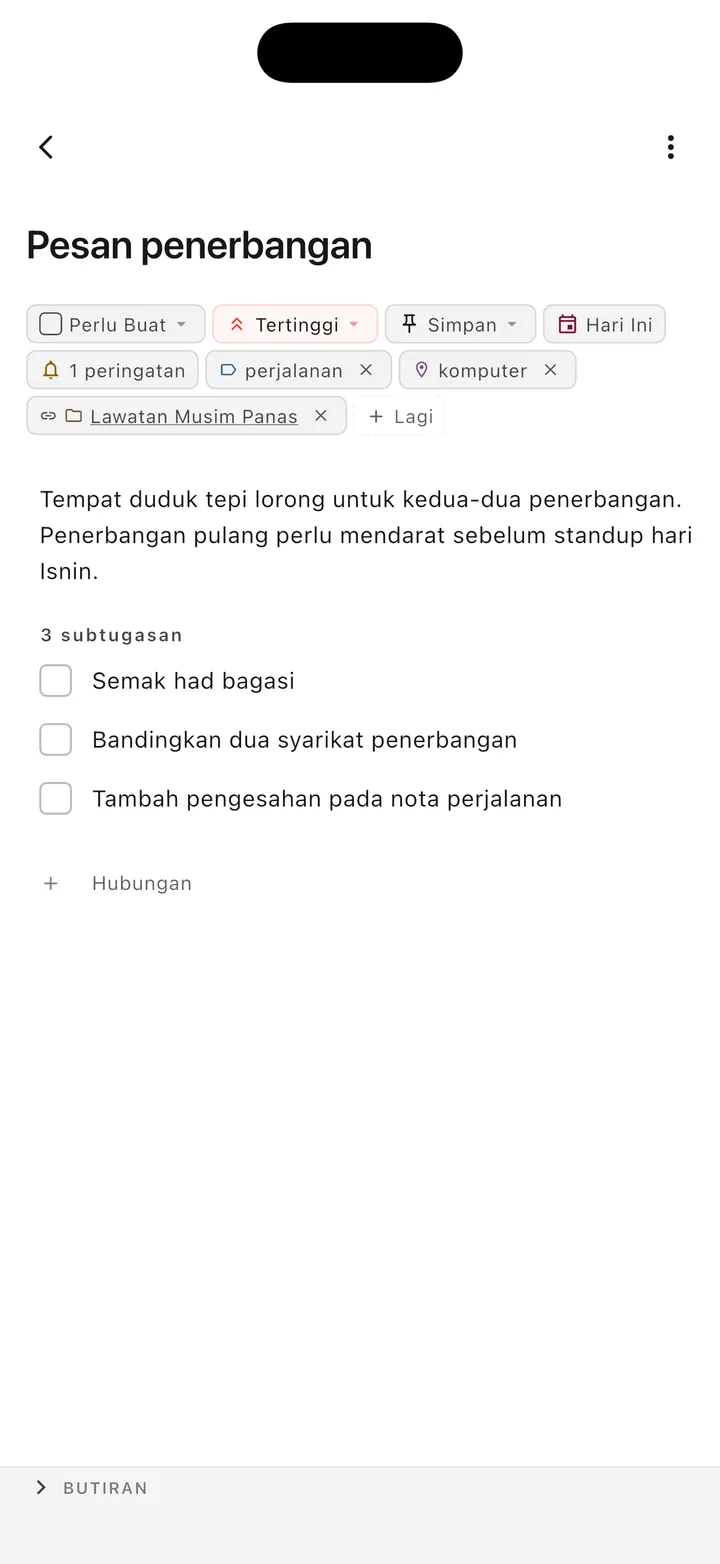 Antara muka pengurusan tugas TaskForge iPhone menunjukkan penyuntingan tugas lanjutan dengan sokongan markdown dan kawalan iOS asli