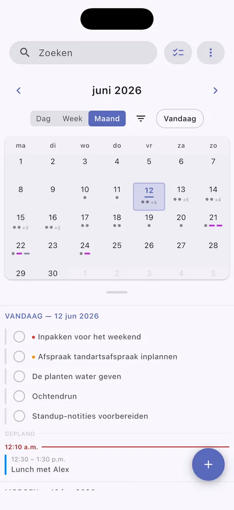 TaskForge iPhone kalenderweergave met taakplanning, deadline-beheer en kalenderintegratie voor uitgebreide planning