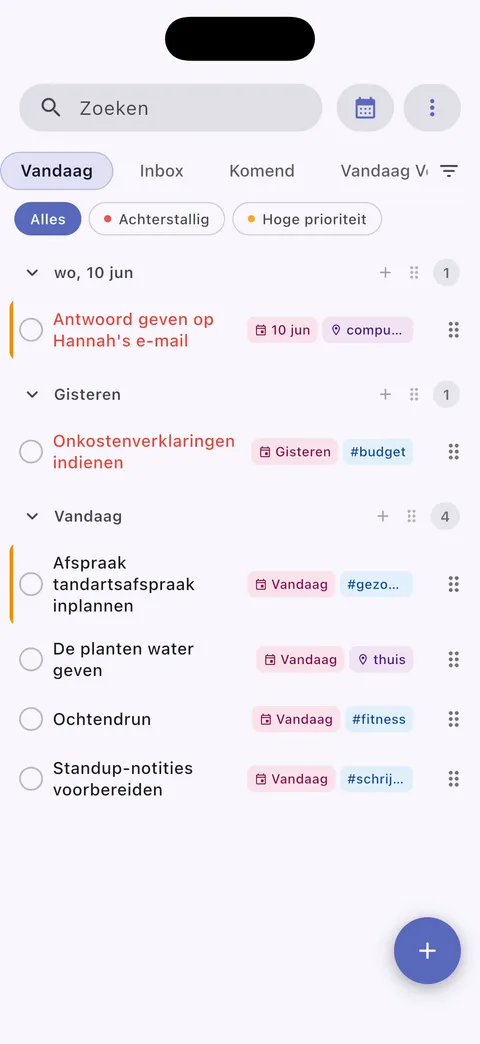 TaskForge iPhone Obsidian taakbeheer app hoofdinterface met mobiele takenlijsten met GTD organisatie, deadlines, prioriteiten en native iOS design voor projectbeheer