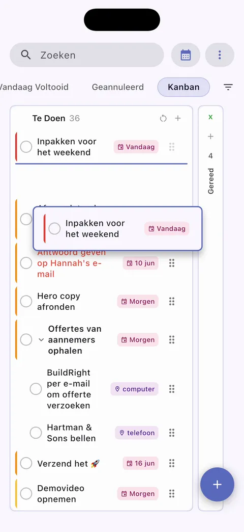 TaskForge iPhone kanban-bord weergave met visuele taakorganisatie met sleep-en-neerzetten functionaliteit en kolom-gebaseerd workflowbeheer