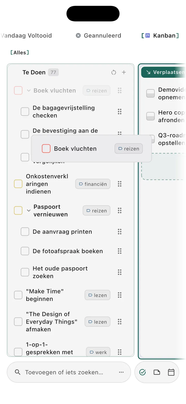 TaskForge iPhone kanban-bord weergave met visuele taakorganisatie met sleep-en-neerzetten functionaliteit en kolom-gebaseerd workflowbeheer