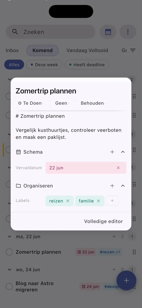 TaskForge iPhone taakbeheer interface met geavanceerd taakbewerken met markdown ondersteuning en iOS-native besturingselementen