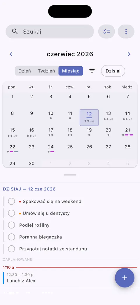 Widok kalendarza zadań Obsidian pokazujący zaplanowane zadania i terminy