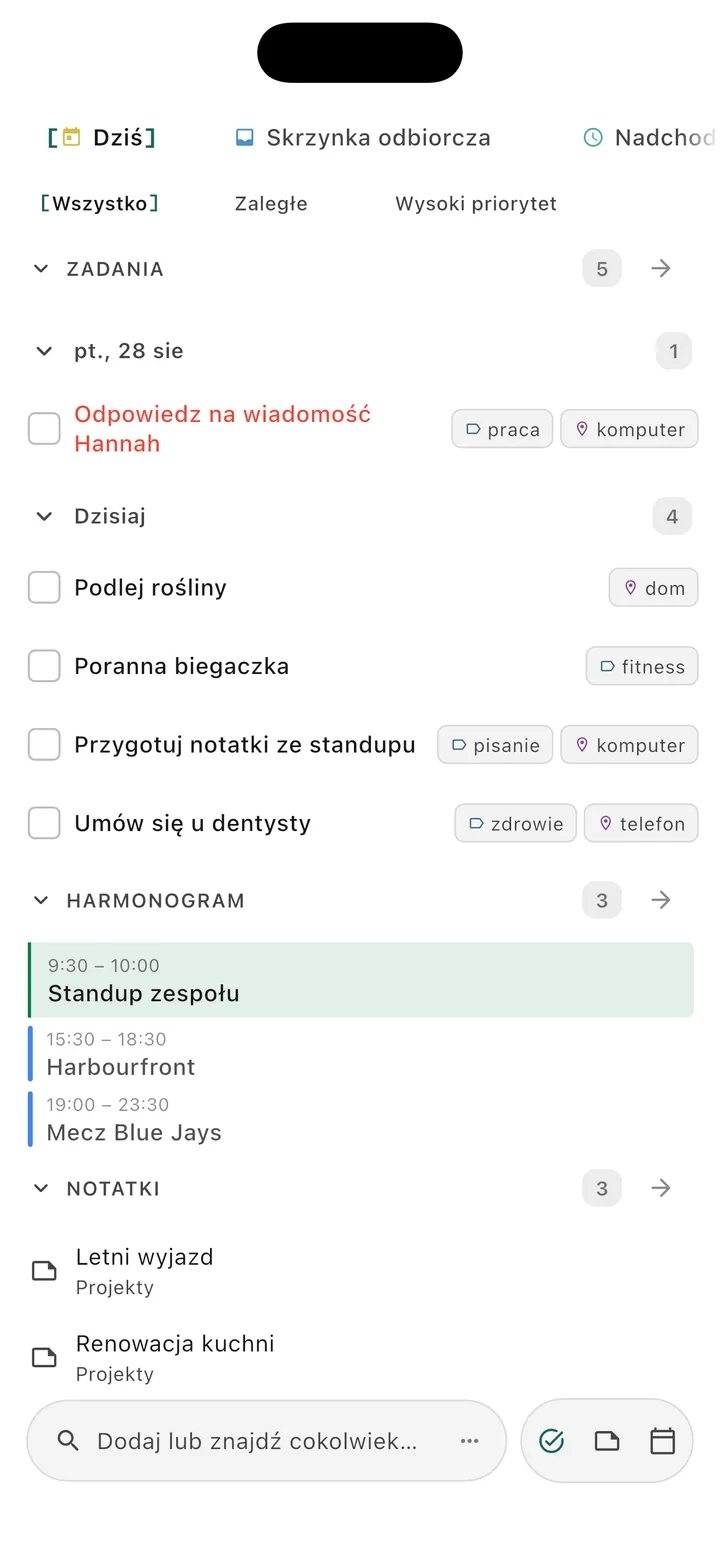 Główny interfejs aplikacji TaskForge iPhone pokazujący mobilne przestrzenie z organizacją GTD, terminami, priorytetami i natywnym designem iOS do zarządzania projektami
