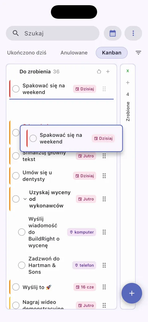 Tablica kanban zadań Obsidian z kolumnami przeciągnij i upuść do wizualnego zarządzania projektami