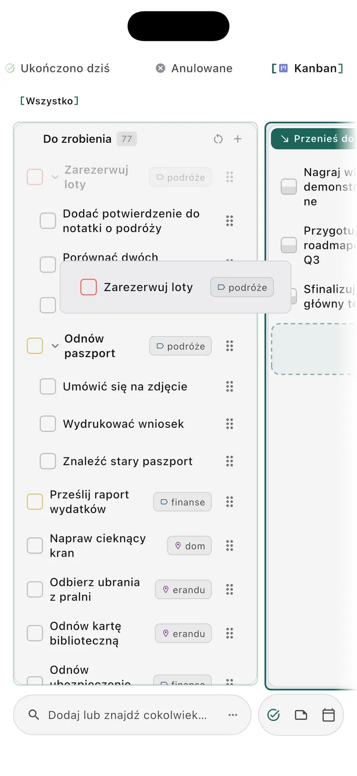 Widok tablicy kanban TaskForge iPhone pokazujący wizualną organizację zadań z funkcjonalnością przeciągnij i upuść oraz zarządzaniem przepływem pracy opartym na kolumnach