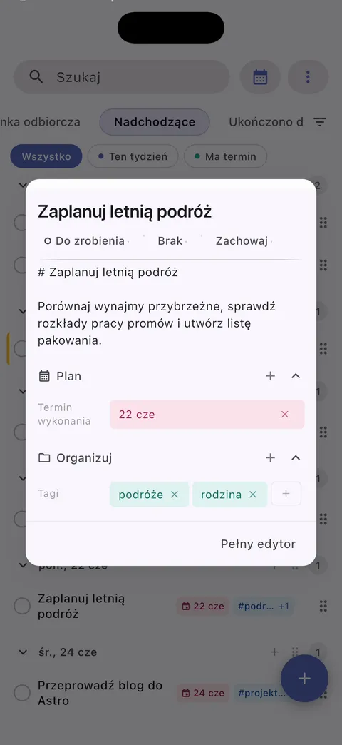 Interfejs zarządzania zadaniami Obsidian z obsługą markdown i zaawansowaną edycją