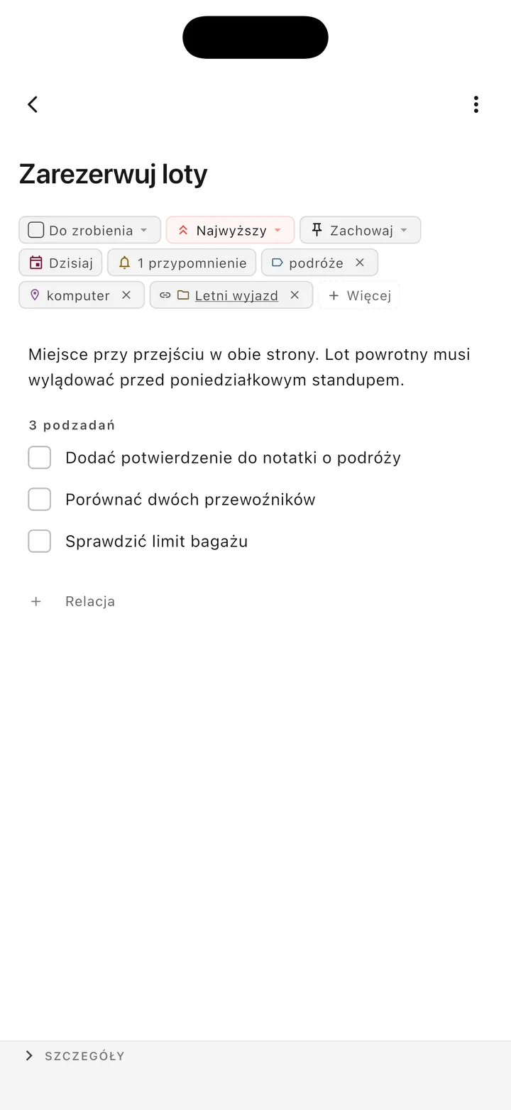 Interfejs zarządzania zadaniami TaskForge iPhone pokazujący zaawansowaną edycję zadań z obsługą markdown i natywnymi kontrolkami iOS