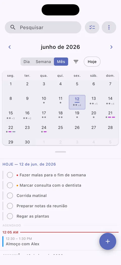 Visualização de calendário do TaskForge para iPhone mostrando agendamento de tarefas, gerenciamento de datas de vencimento e integração com calendário para planejamento completo