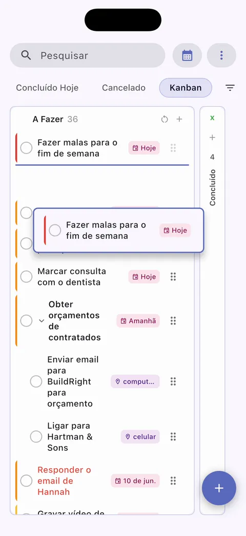 Visualização de quadro kanban do TaskForge para iPhone mostrando organização visual de tarefas com funcionalidade de arrastar e soltar e gerenciamento de fluxo de trabalho baseado em colunas