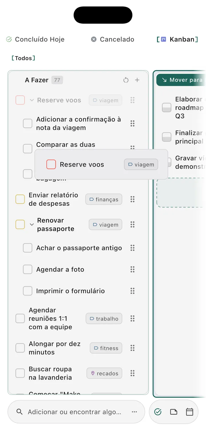 Quadro kanban de tarefas do Obsidian com colunas de arrastar e soltar para gerenciamento visual de projetos