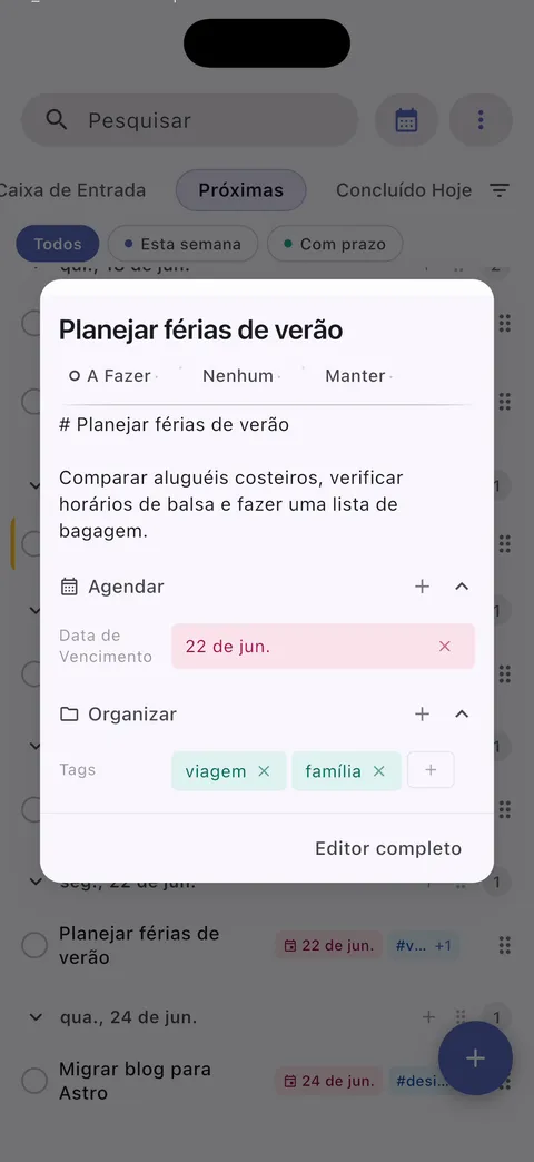 Interface de gerenciamento de tarefas do TaskForge para iPhone mostrando edição avançada de tarefas com suporte a markdown e controles nativos iOS