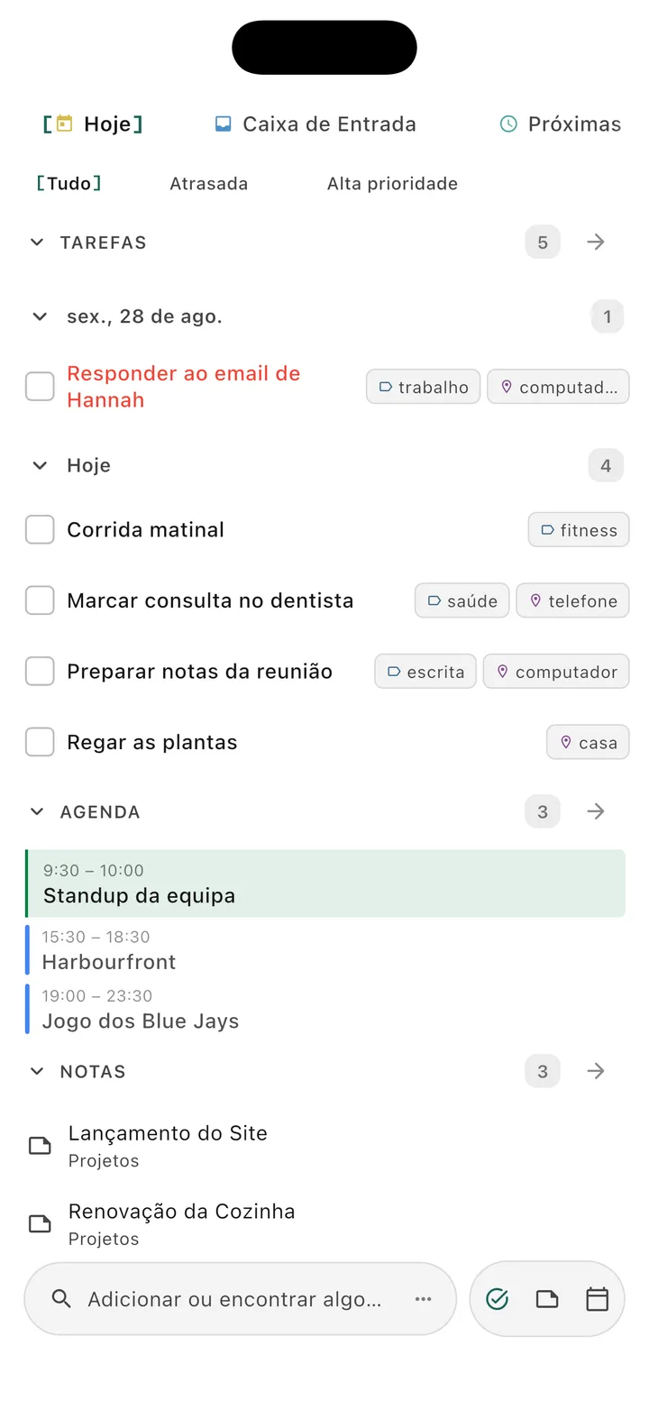 Interface principal do app gerenciador de tarefas Obsidian TaskForge para iPhone mostrando Espaços mobile com organização GTD, datas de vencimento, prioridades e design nativo iOS para gerenciamento de projetos