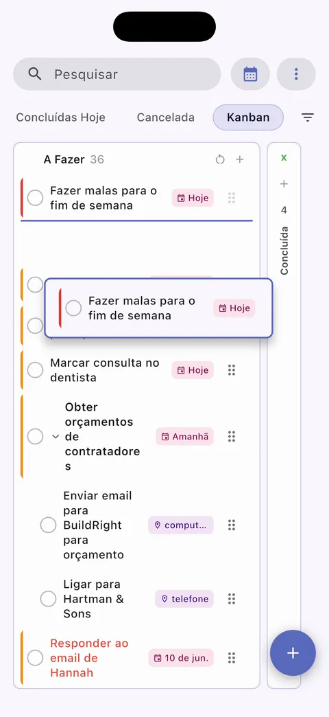 Quadro kanban de tarefas Obsidian com colunas de arrastar e soltar para gerenciamento visual de projetos