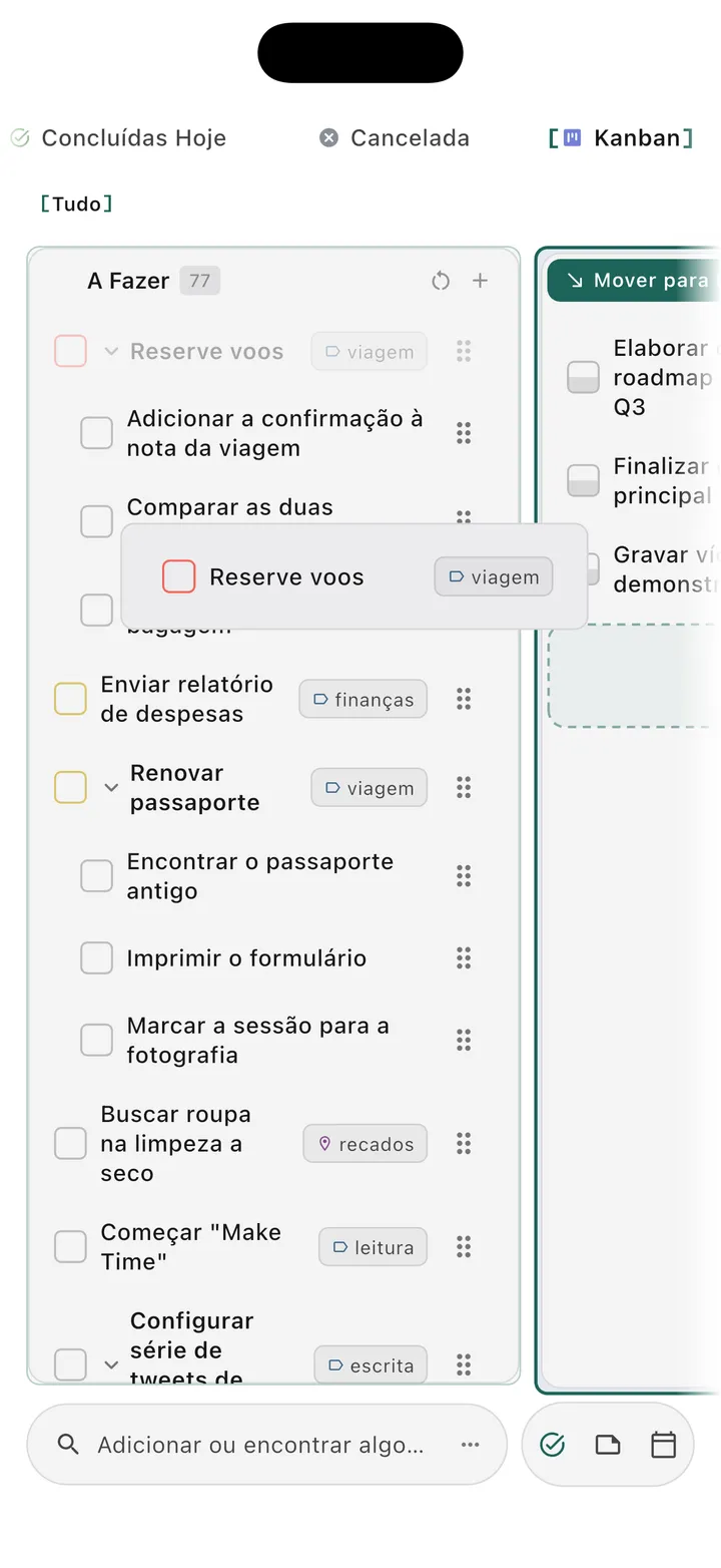 Visualização de quadro kanban TaskForge iPhone mostrando organização visual de tarefas com funcionalidade de arrastar e soltar e gerenciamento de fluxo de trabalho baseado em colunas