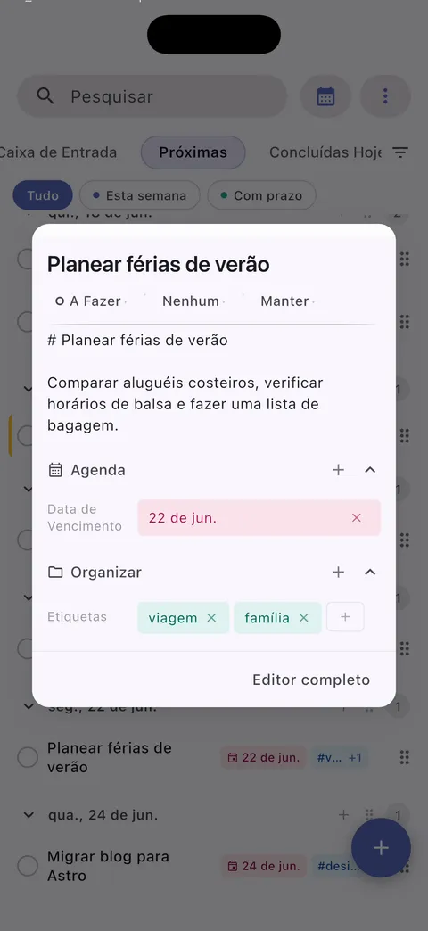 Interface de gerenciamento de tarefas Obsidian com suporte a markdown e edição avançada