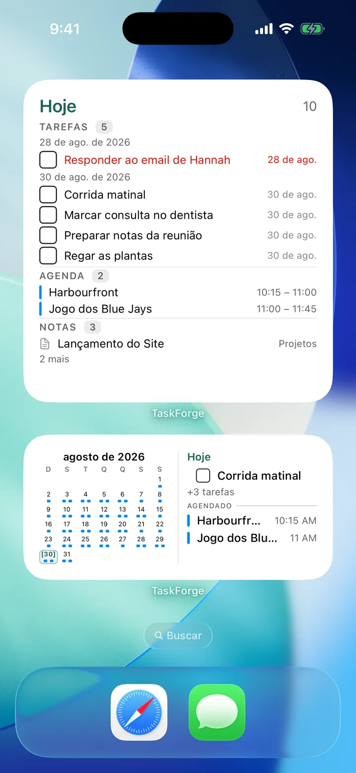 O widget Hoje do TaskForge no iPhone; as TaskNotes aparecem aqui como qualquer tarefa.