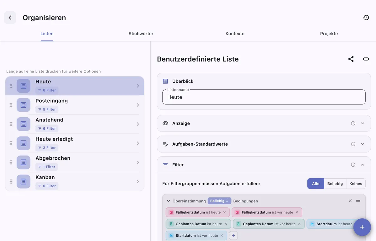TaskForge benutzerdefinierte Listen auf macOS mit gefilterten Obsidian-Aufgabenansichten ohne Dataview-Abfragen
