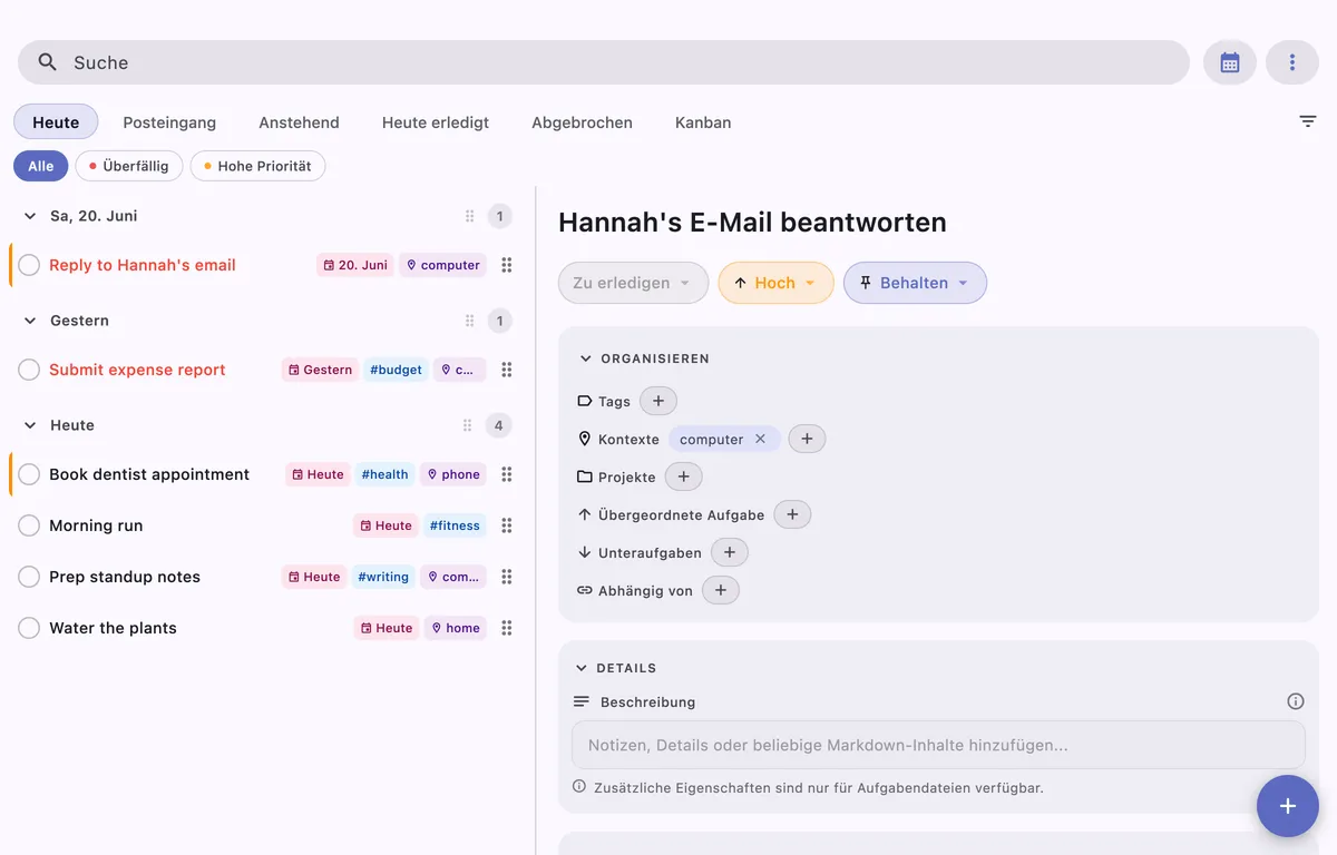TaskForge zeigt Aufgaben in einem Obsidian-Vault, die ein KI-Agent durch Bearbeiten einer Markdown-Datei hinzugefügt hat