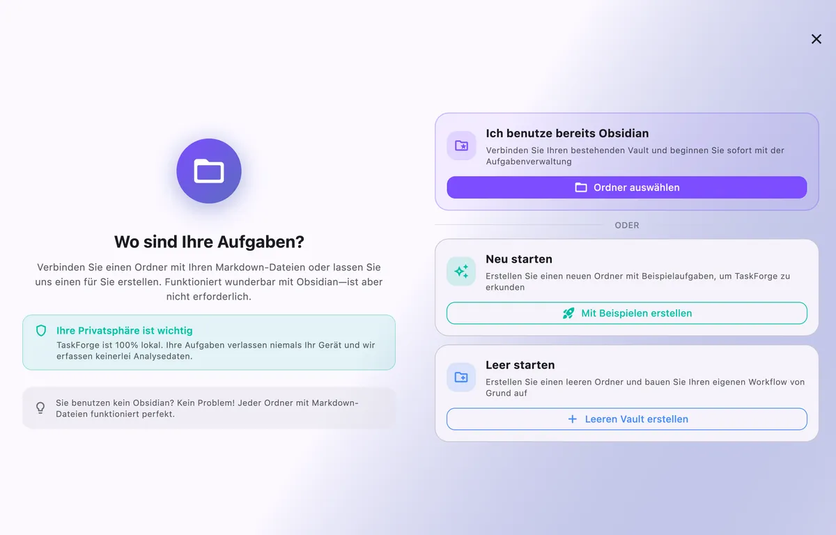 TaskForge Mac-Vault-Konfiguration mit nahtloser Obsidian-Integration und Dateisystemzugriff für Desktop-Workflows
