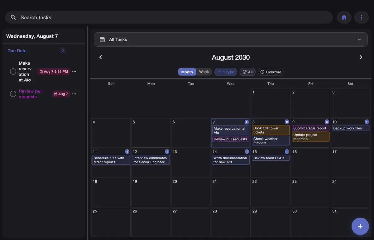 TaskForge calendar view on macOS showing tasks and events in a week time grid