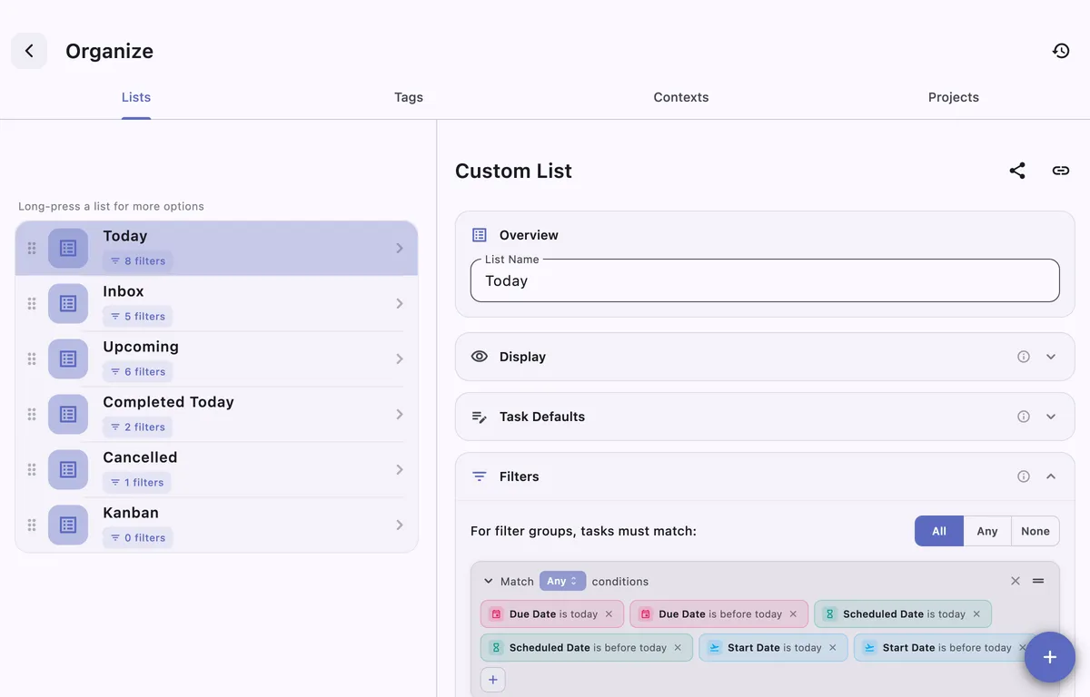 TaskForge custom lists on macOS showing filtered Obsidian task views without writing Dataview queries