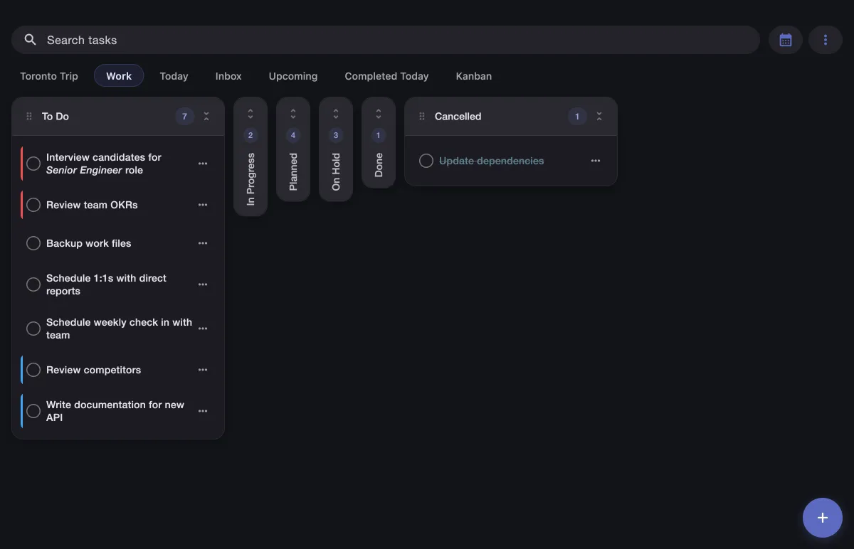 Obsidian task kanban board with drag-and-drop columns for visual workflow and project management