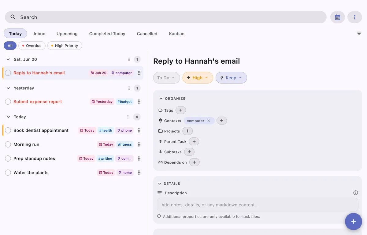 TaskForge Mac task management interface showing advanced task editing, markdown support, and keyboard shortcuts for power users
