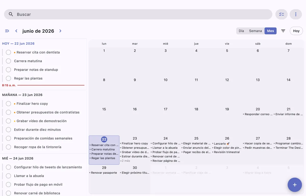 Tareas recurrentes en TaskForge para Obsidian mostradas a lo largo de fechas repetidas en el calendario