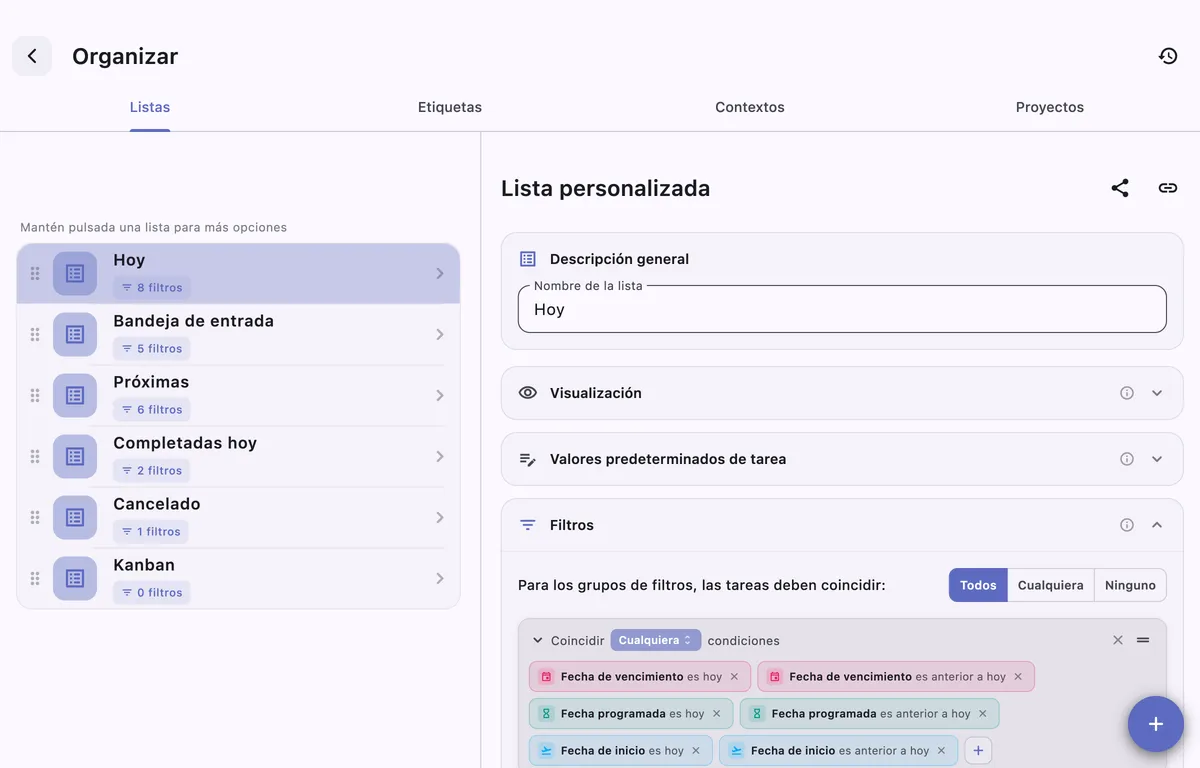 Listas personalizadas de TaskForge en macOS mostrando vistas de tareas de Obsidian filtradas sin escribir consultas de Dataview