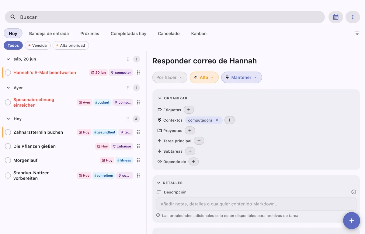 Interfaz de gestión de tareas de TaskForge para Mac mostrando edición avanzada de tareas, soporte de markdown y atajos de teclado para usuarios avanzados