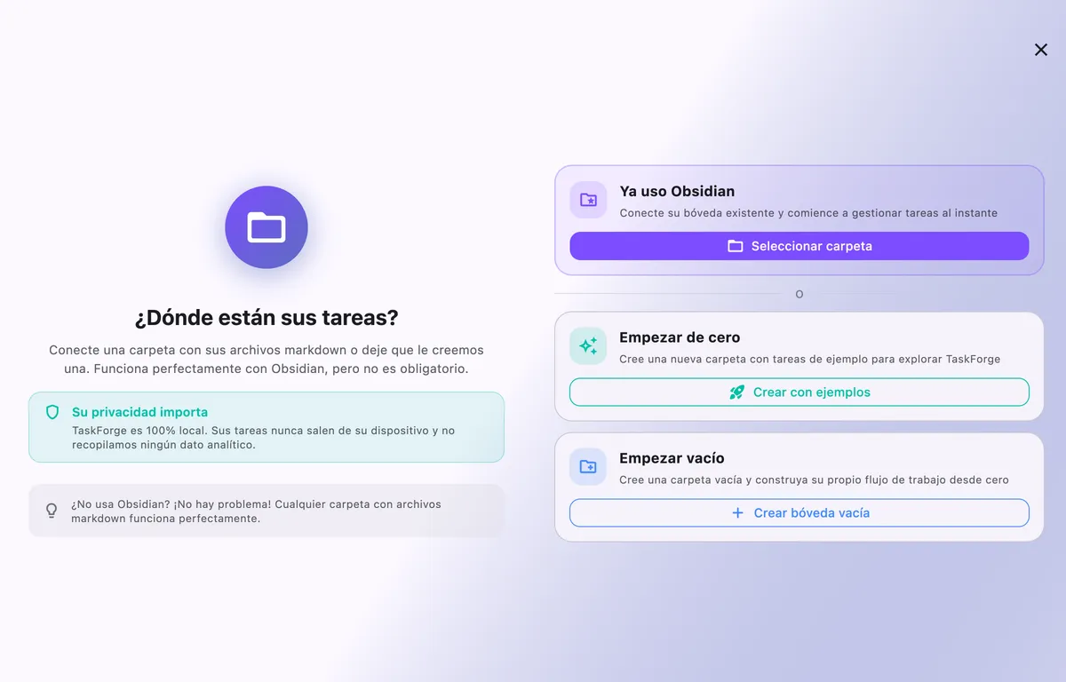 Configuración de vault de TaskForge para Mac mostrando integración directa de Obsidian y acceso al sistema de archivos para flujos de trabajo de escritorio