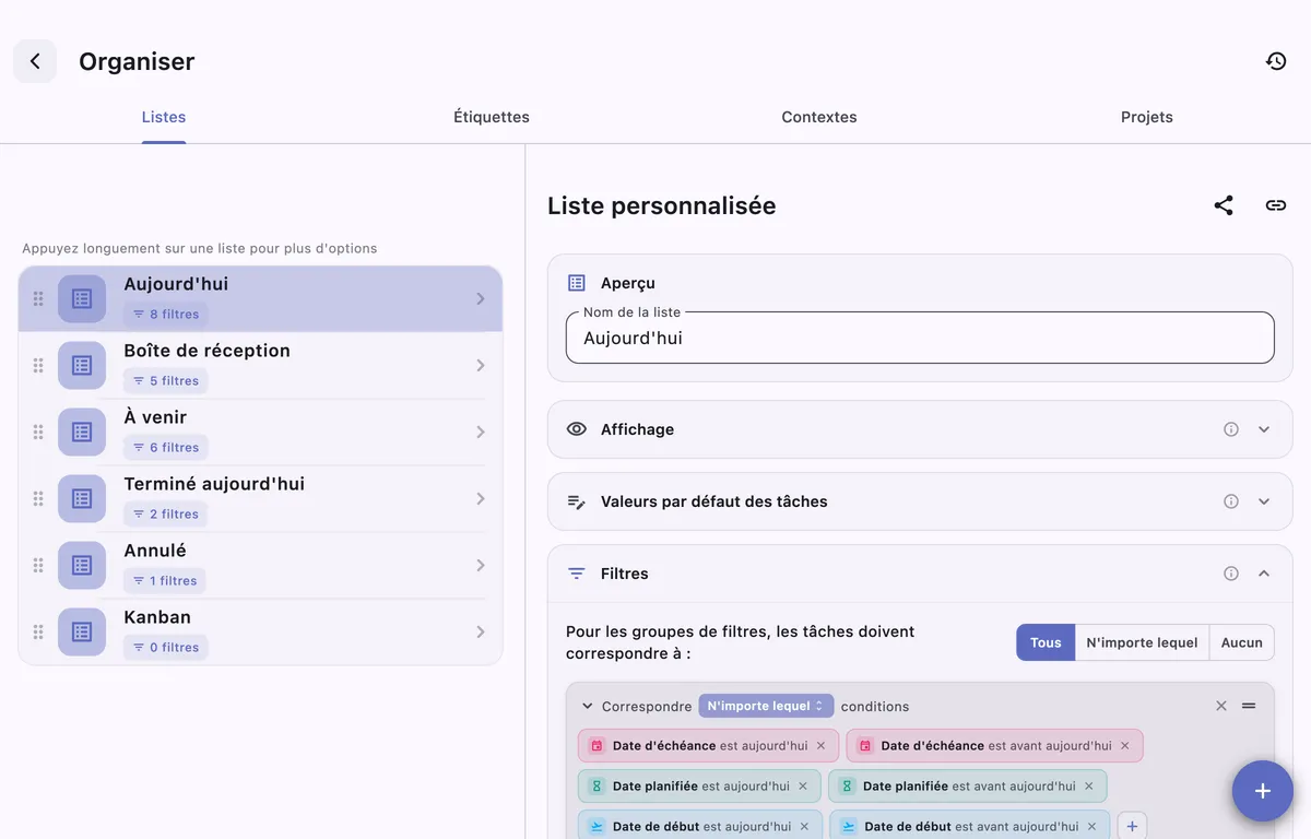 Listes personnalisées TaskForge sur macOS affichant des vues de tâches Obsidian filtrées sans écrire de requêtes Dataview