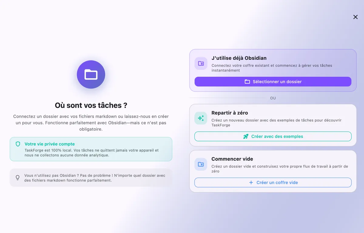 Configuration du coffre Mac TaskForge montrant l'intégration Obsidian transparente et l'accès au système de fichiers pour les flux de travail bureau